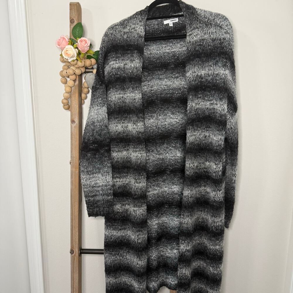 Sonoma Flyaway‎ Duster Open Front Black White Stripe Cardigan Size Large - Picture 2 of 8